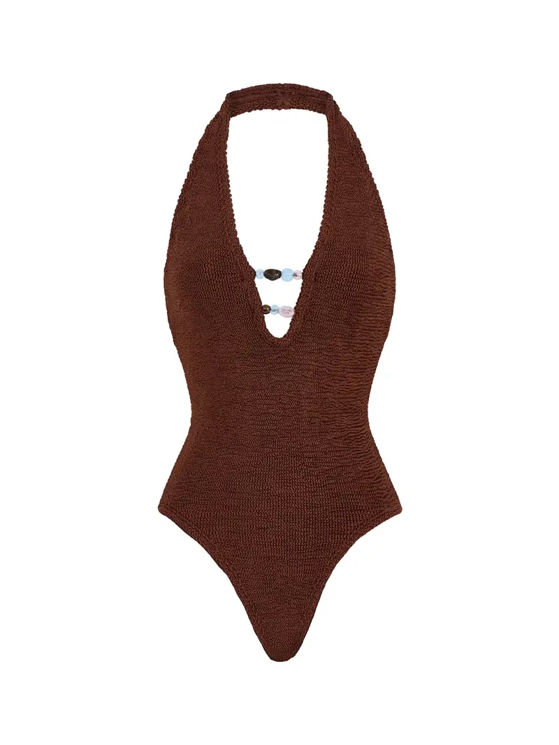 Adriana Beaded Swimsuit Metallic Chocolate 1
