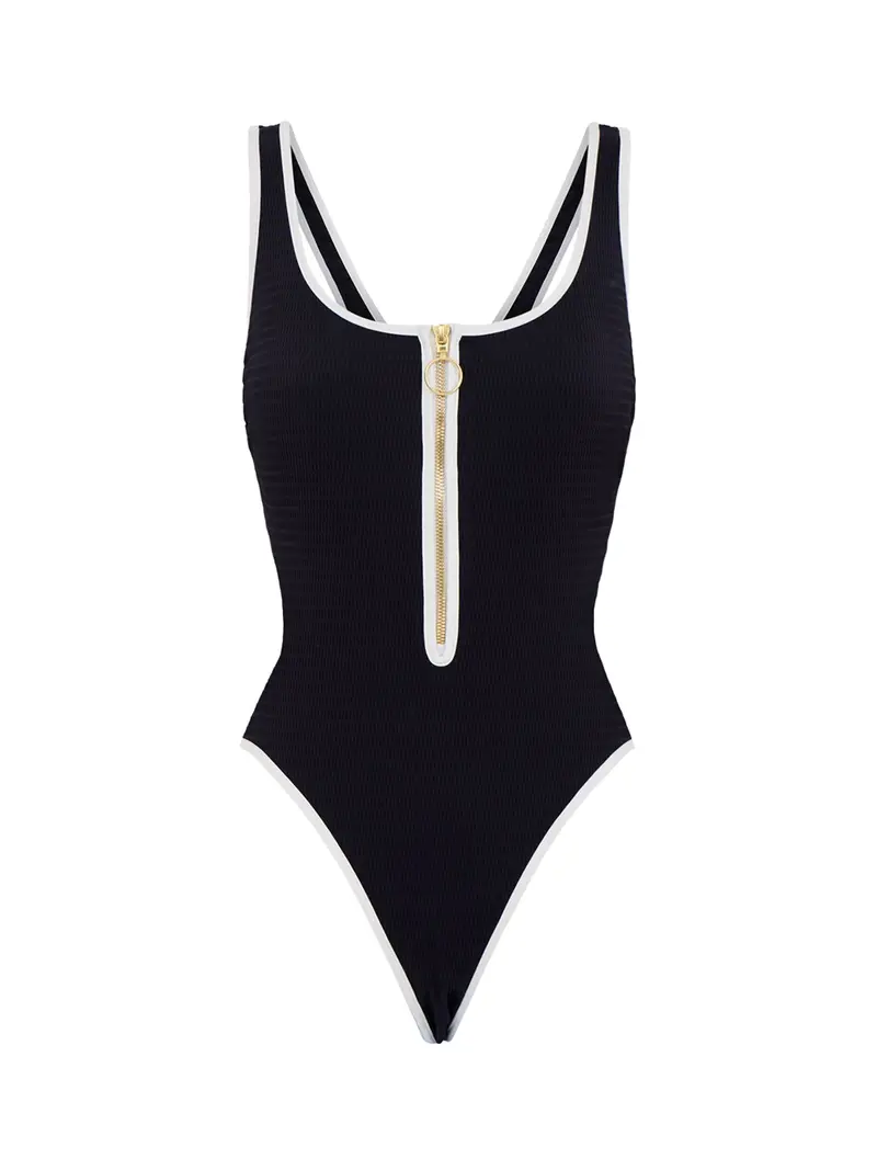 Beach Bound Zip Front Retro One Piece Black 1