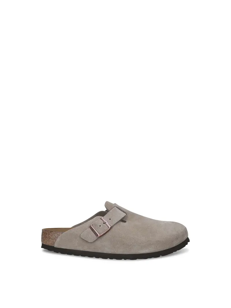 Boston Buckle Suede Clogs Taupe 1