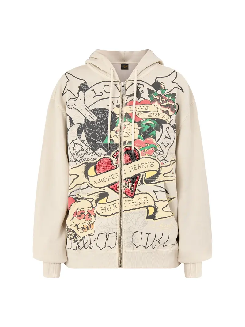 Broken Hearts Zip Hoodie Ecru 1