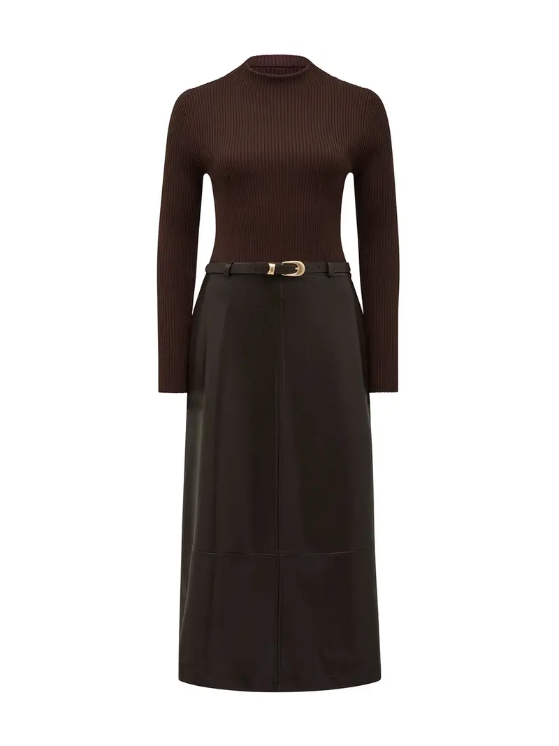 Brooklyn Vegan Leather A Line Midi Dress Brown 1
