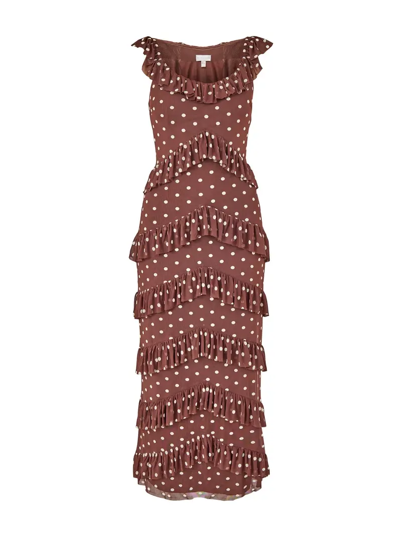Cecile Ruffle Mesh Maxi Dress Brown 1