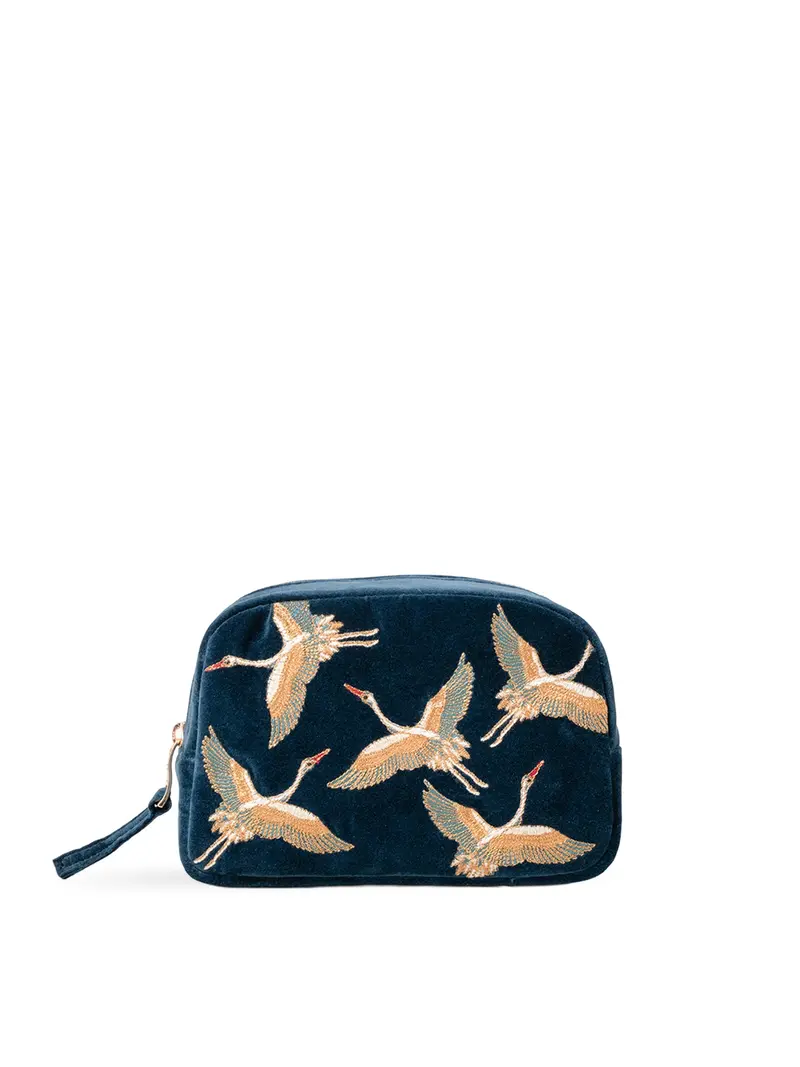 Cranes Velvet Makeup Bag Ink Blue 1