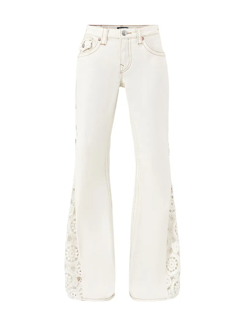 Crochet Mid Rise Flare Flap Jeans White 1