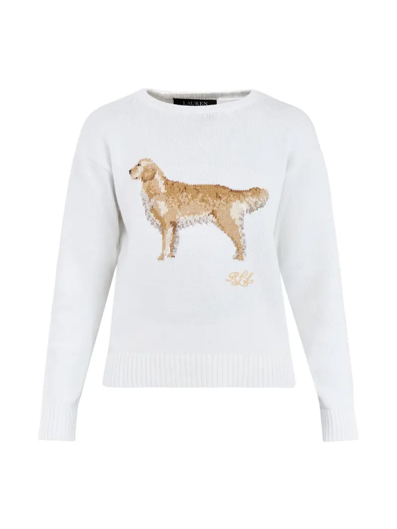 Dog Print Crew Neck Sweater Cream 1