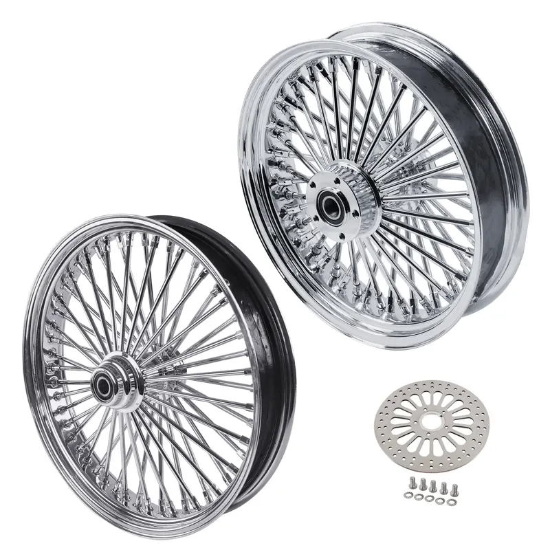 Front And Rear Wheels Combo For 2008-Up Harley Softail Dyna Fat Spoke Wheel Chrome W/Rotors 1