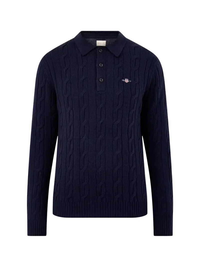 Lambswool Cable Polo Jumper Evening Blue 1