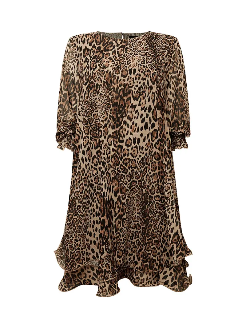 Leopard Wave Hem Midi Dress Brown 1