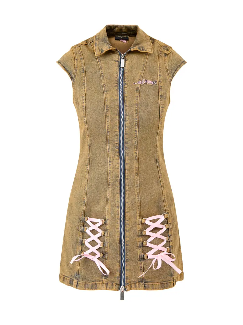 Lotus Flower Seam Detail Tie Up Denim Dress Beige 1