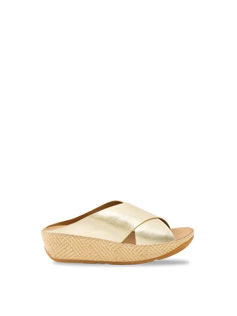 Lulu Lux Graphic-Weave Cross Slides Gold 1