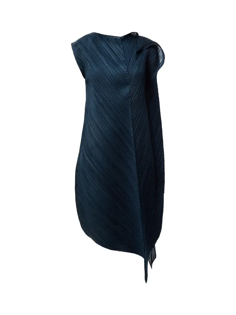 Pleats Sculptural Flare Grayish Navy Dress 1