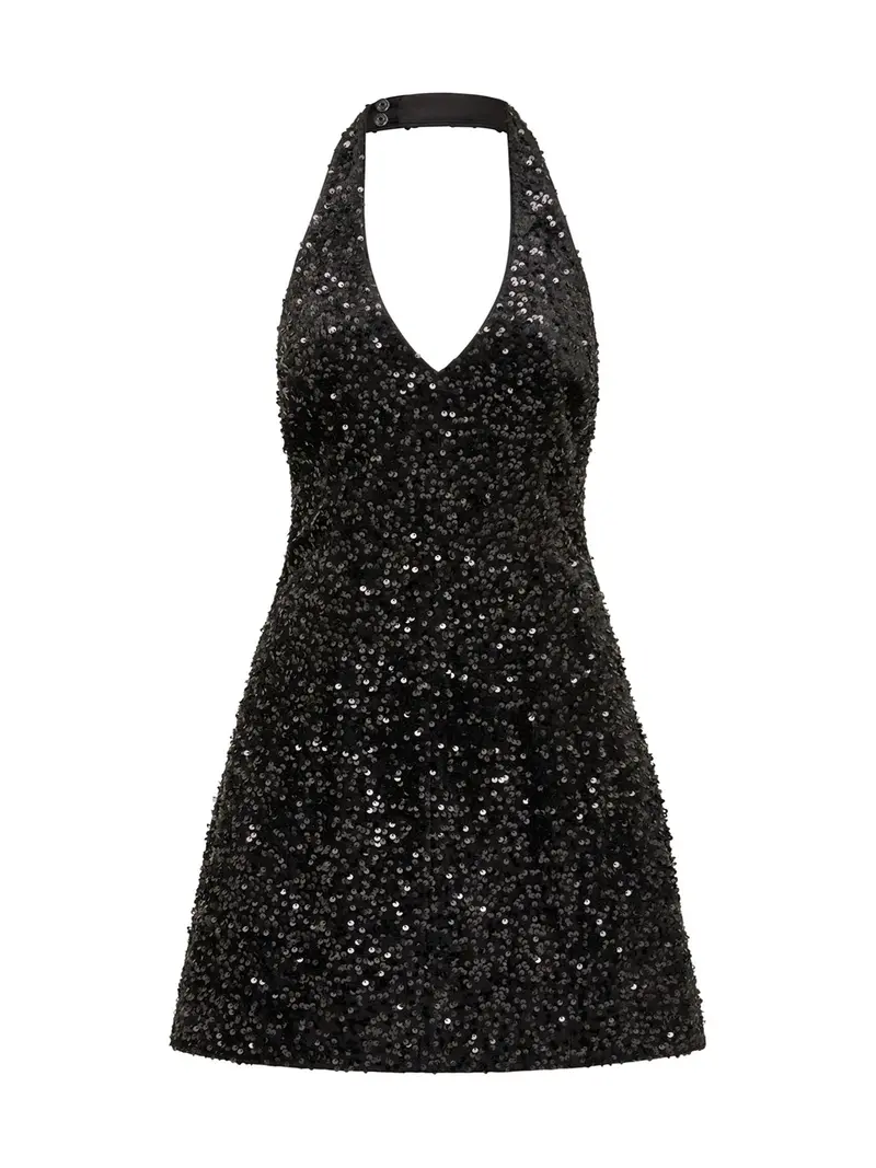 Riley Sequin Halter Neck Mini Dress Black 1