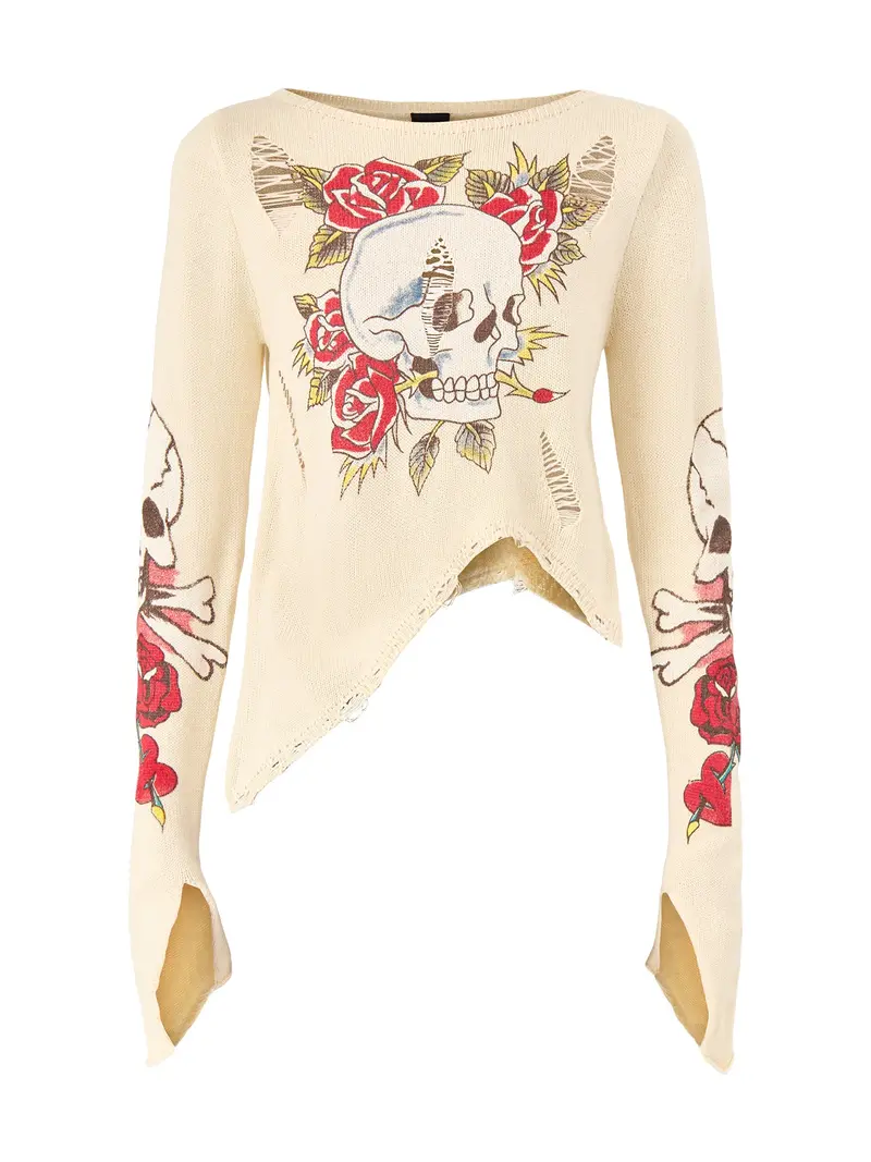 Skull And Roses Distressed Knit Ecru 1