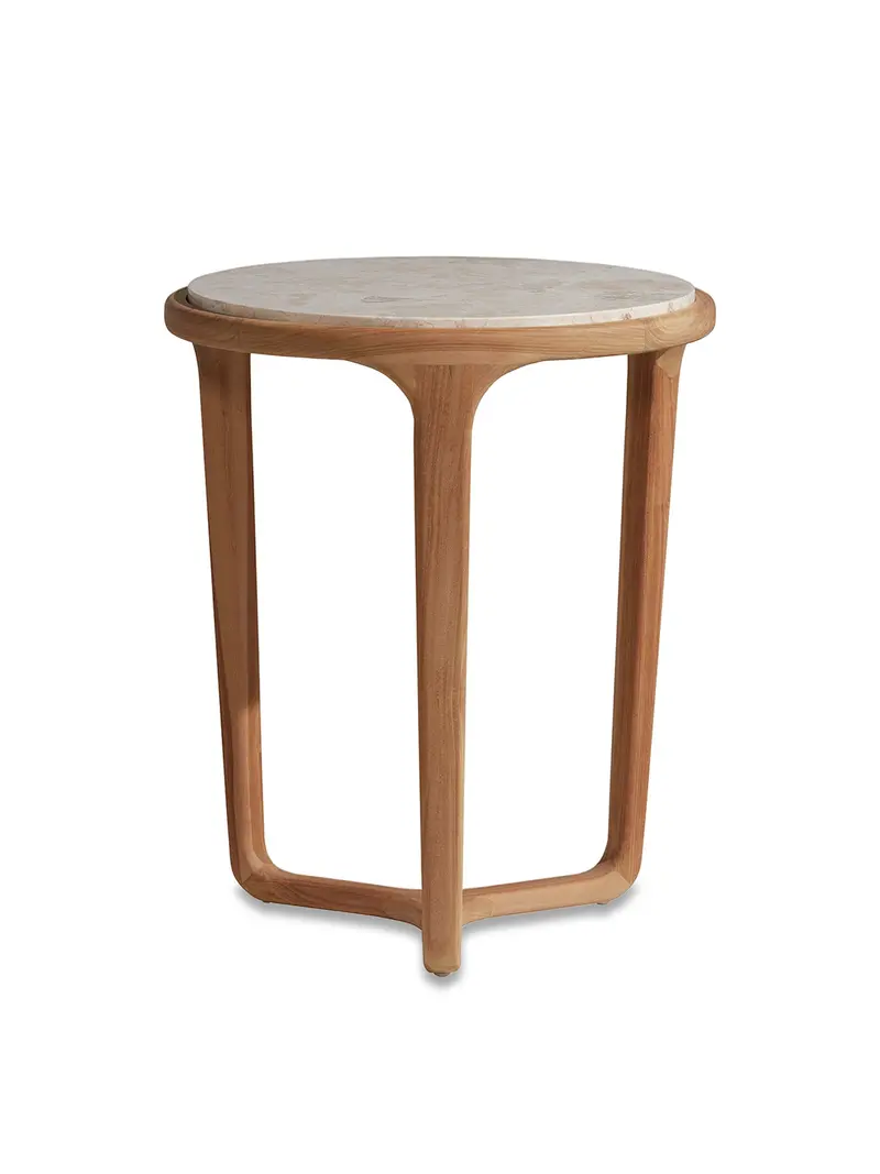 Terza Teak Wood Round Side Table With Marble Top Neutral 1
