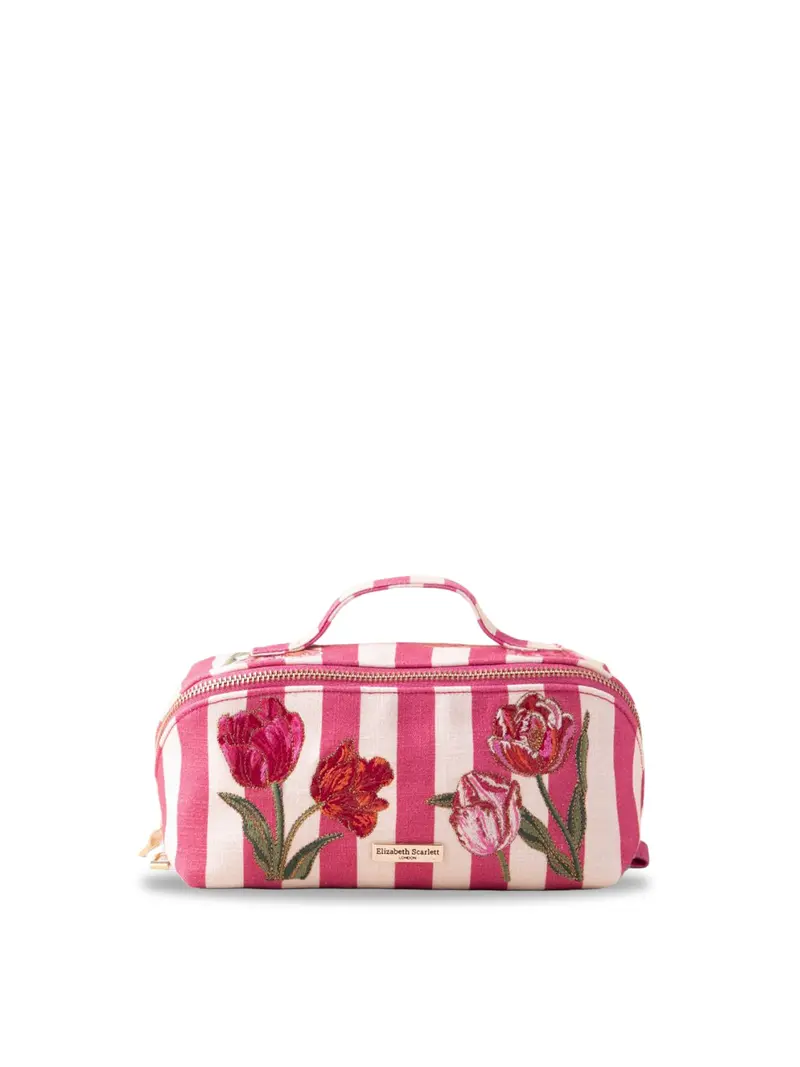 Tulip Stripe Cotton Open Flat Makeup Bag Pink 1