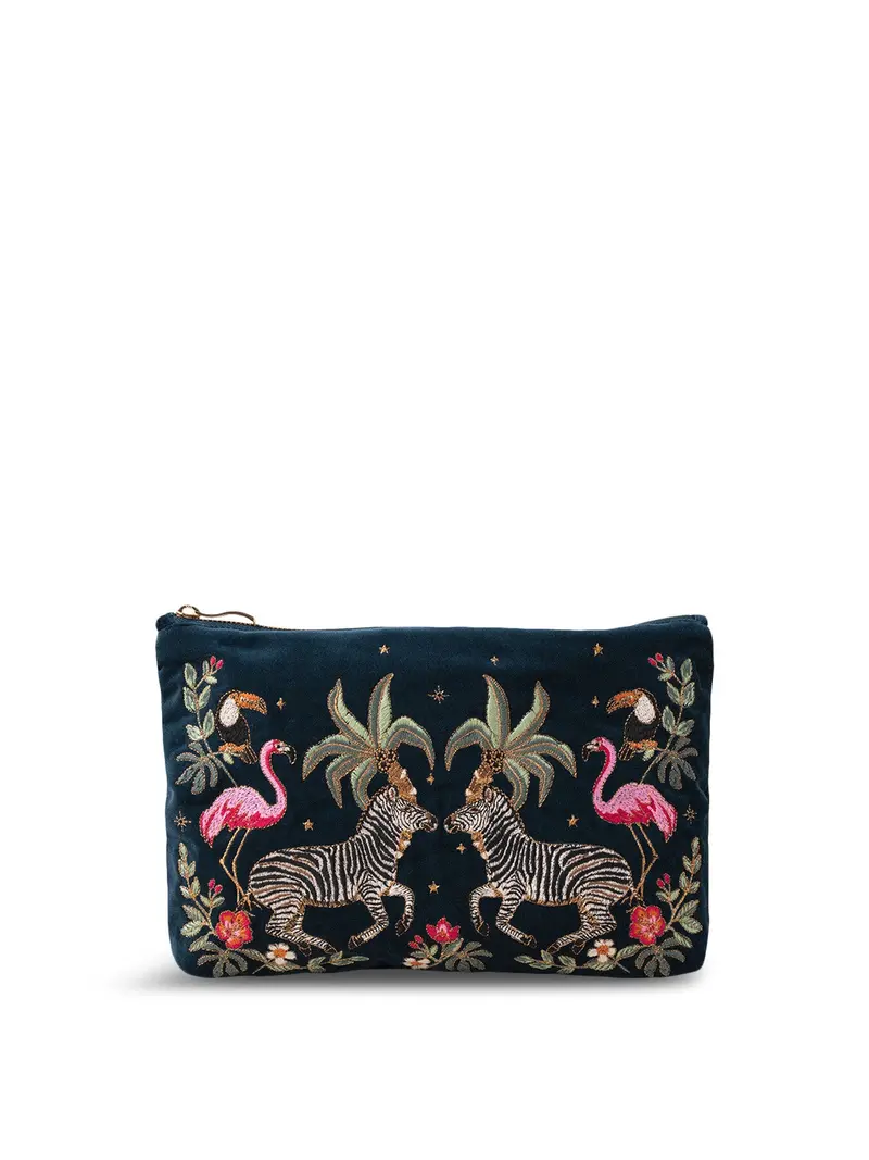 Zebra Wild Palm Velvet Everyday Pouch Navy 1