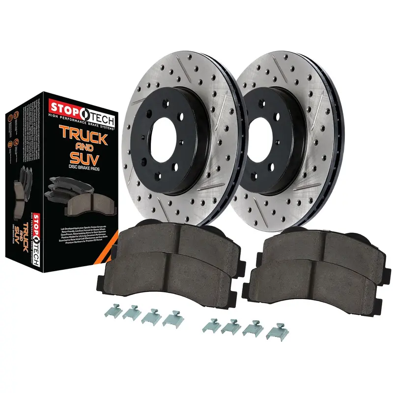 Stoptech Truck Front Brake Kit – Drilled & Slotted Rotors With Axle Pack (Model 971.34064) 1